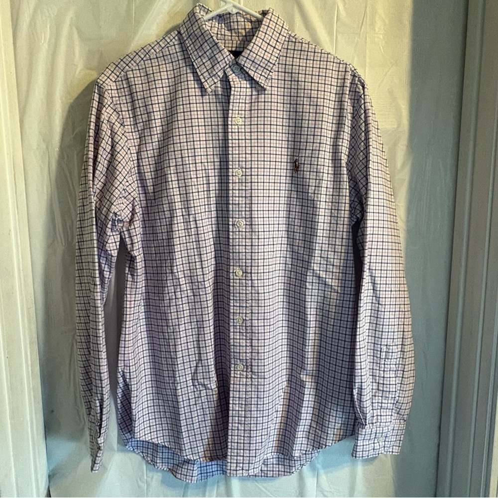 Ralph Lauren Mens Checkered Shirt Sz Medium Button Down Pink‎ Blue Preppy Office
